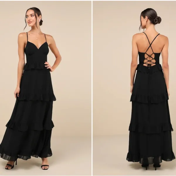 LULU's Prom Wedding Boho Romantic Ruffle Corset Tie Back Maxi Dress NWOT - Image 2