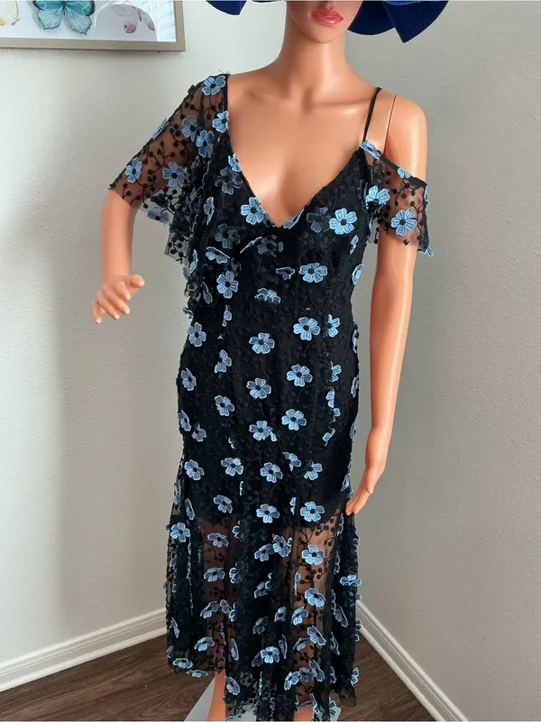 La Maison Talulah Black Blue Floral Embroidered Lace Maxi Dress - Image 3