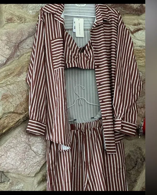 Commense Stripe Three Piece Shorts Set size small Brown - Image 2