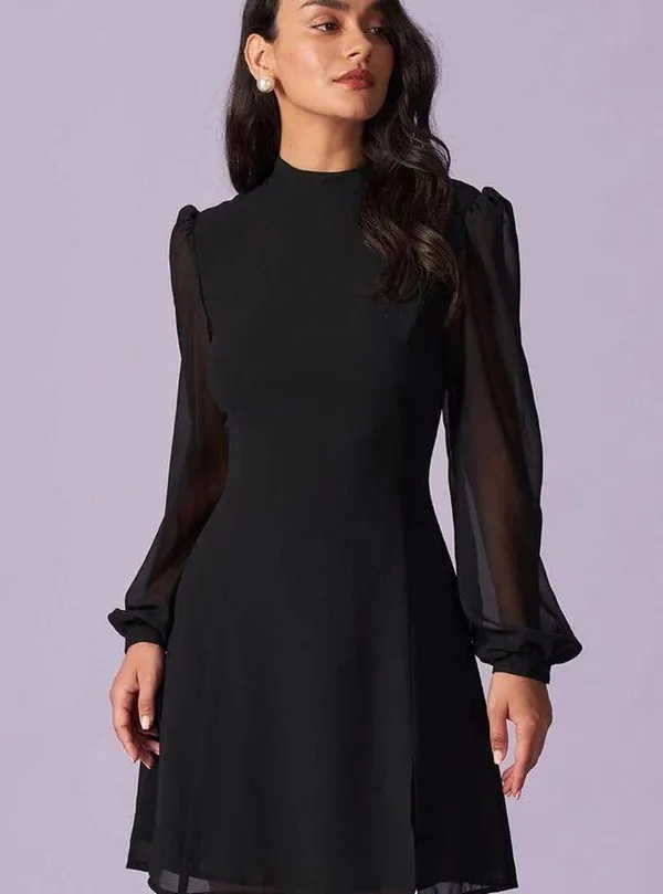 RIHOAS The Black Stand Collar Sheer Slit Mini Dress - Image 4