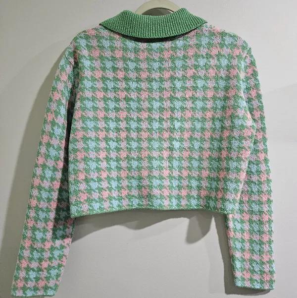 Zara Green‎ Pink Houndstooth Cropped Knit Cardigan Polo Collar Button Front M - Image 9