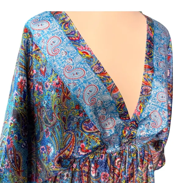 Zury Blue Paisley Silk Blend V-Neck Maxi Dress Ruffle Boho Free Size Kaftan - Image 4