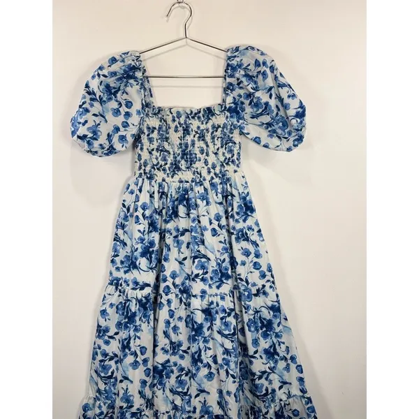 Abercrombie Fitch Midi Dress Blue Toile De Jouy Smocked Puffed Cottagecore Small - Image 7