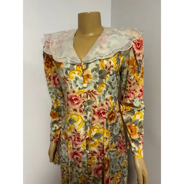Leslie Fay Vintage Floral Midi Dress Petite 12 Scalloped Sheer Collar Rayon Pink - Image 2