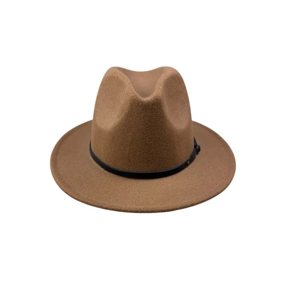 Brown Wool Blend Fedora‎ Hat Black Buckle Wide Brim 11.5" Unisex Fall Fashion - Image 2