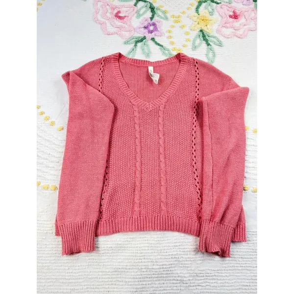 Aeropostale‎ Women's V-Neck Knit Sweater Coral Pink Cable Stitch Medium - Image 2