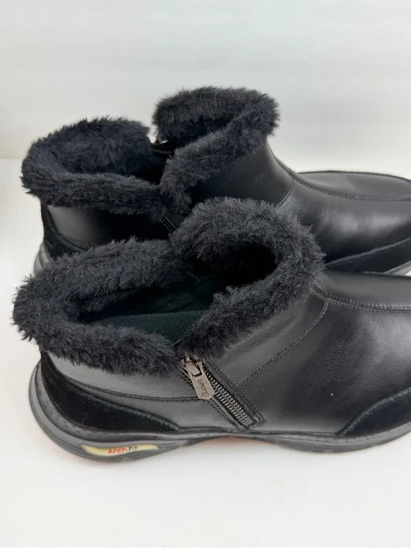 Skechers Arch Fit Women’s 11 Black Leather Faux Fur Ankle Boots Zip Comfort - Image 10