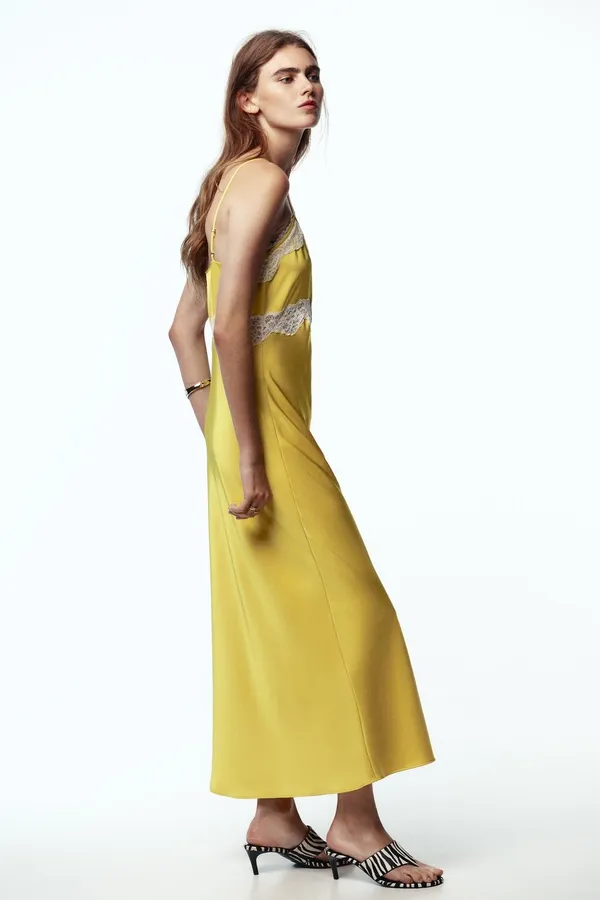 Zara Elegant Yellow Slip Dress with Lace Trim - Image 2