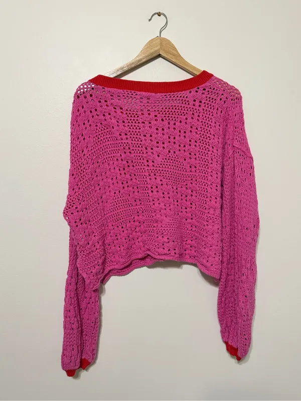 Free People Pink Crochet Knit Sweater Size Large Boho Fall Valentines Day - Image 6