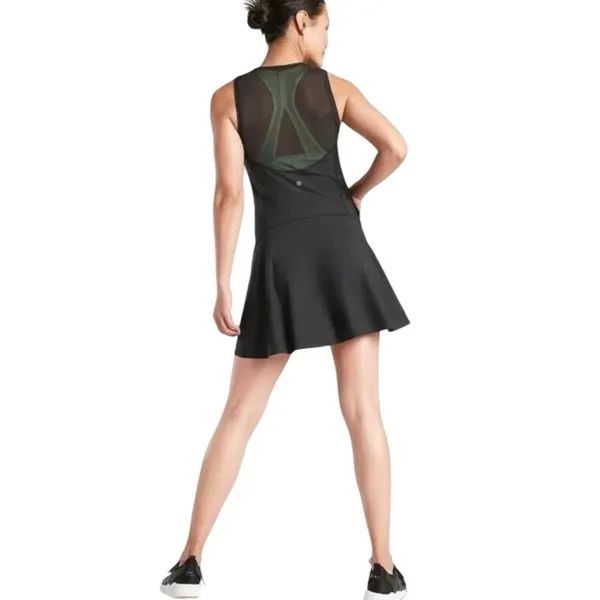 Athleta Match Point Tennis Dress Black Mesh Racerback Quarter Zip‎ Pockets M - Image 2