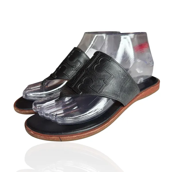 Tory Burch Jamie Size 6.5 Full Logo Thong Sandals‎ Black Leather S/N 48275 - Image 7