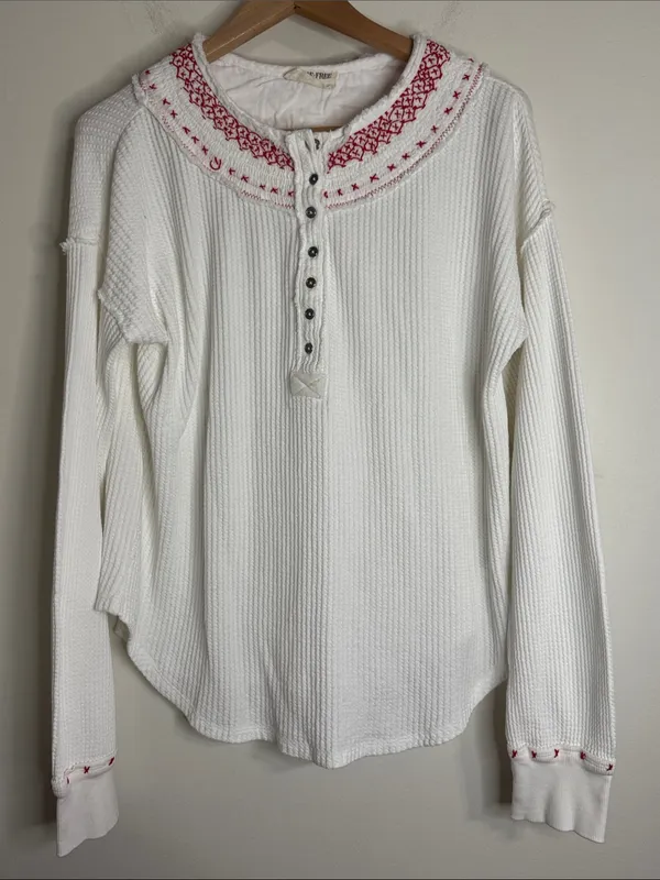 Free People Embroidered Holly Henley Thermal Waffle Knit White HenleyTee size L - Image 2