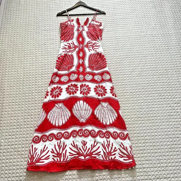 NWOT FARM RIO White Red Ainika Shell Maxi Dress Size M Linen Blend - Image 11