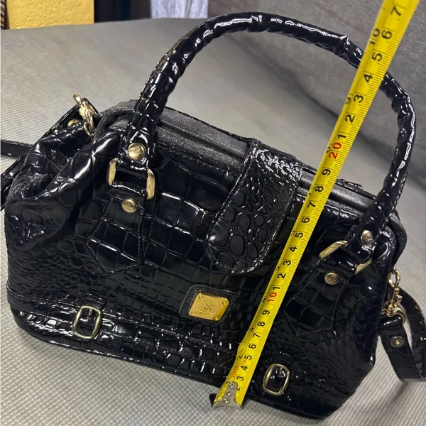 Vintage Renaissance Handicraft Black Patent Croc-Embossed Doctor Bag / Crossbody - Image 3