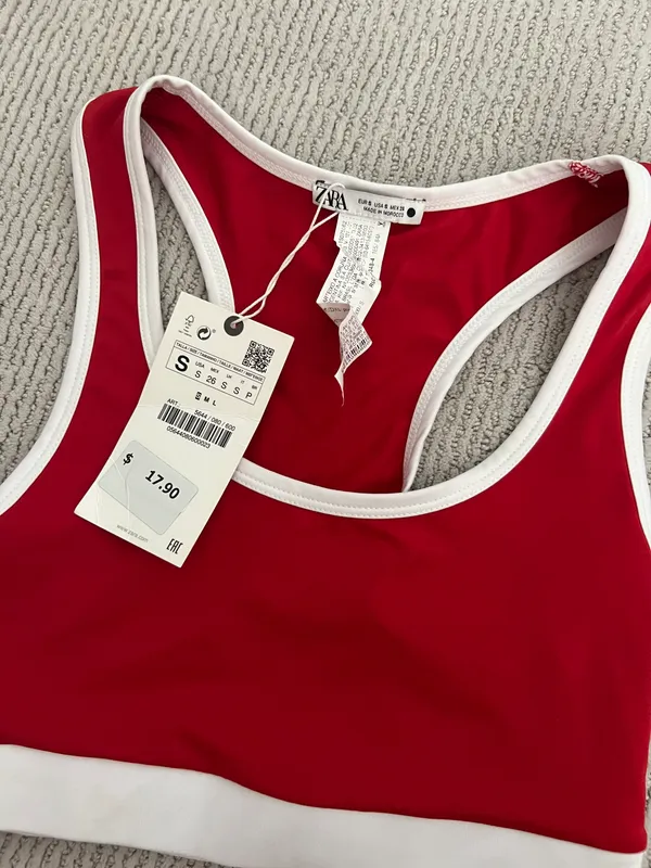 ZARA Sports Bra Red White Trim Tank Crop Top Activewear Nylon - Image 2