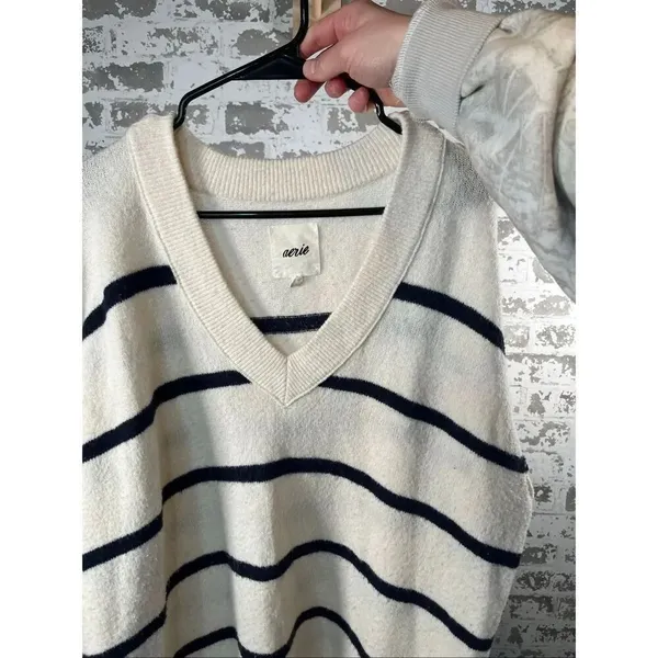 Aerie | women black and cream striped vneck sweater oversized - Image 2