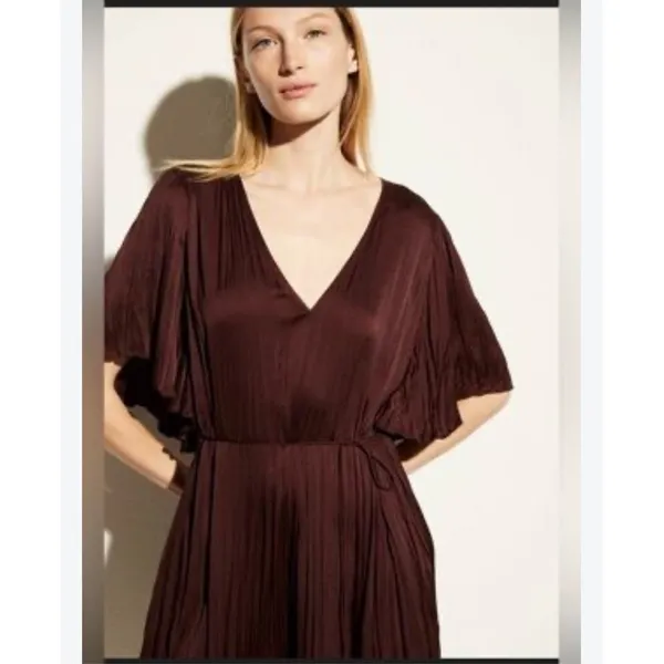 Vince Oxblood Pleated Crushed Satin V-Neck Midi Dress with Pockets Sz Medium - Image 3