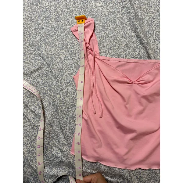 Cider Medium Light Pale Pink Tank Top Tie Strap Lettuce Trim Draped Scoop Neck - Image 3