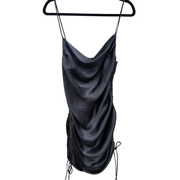 Zara -1224 Black Satin Cowl Neck‎ Ruched Side Tie Sleeveless Mini Dress Small - Image 2