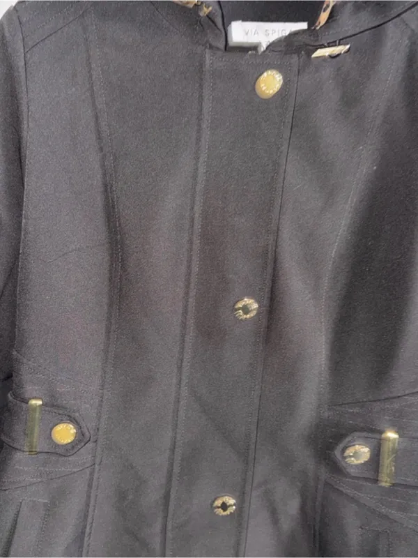 Via Spiga Black Hooded Trench Coat with Leopard-Print Lining - Image 4