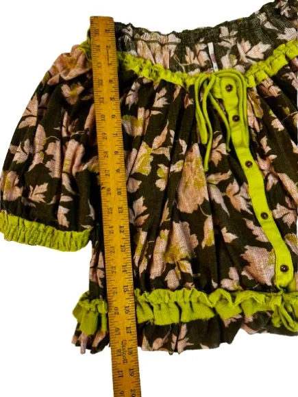 Free People Floral Drawstring V-Neck Crop Top in Olive & Pink - Image 6