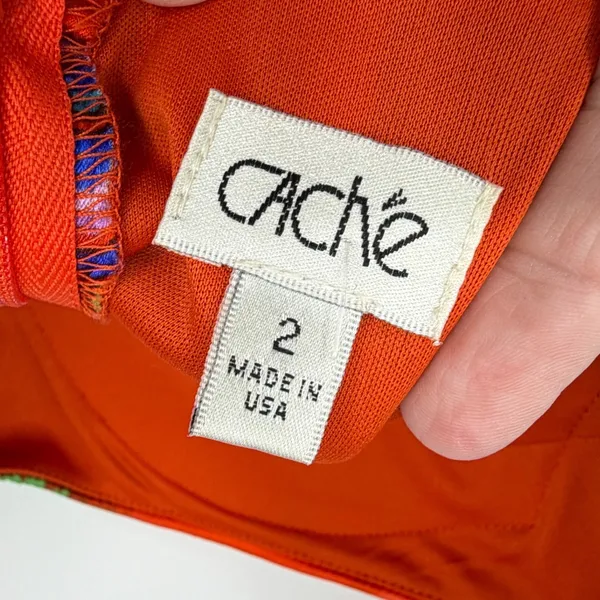 Vintage Cache Dress Size 2 Orange Abstract Floral Open Back Silk Blend Y2K Midi - Image 4