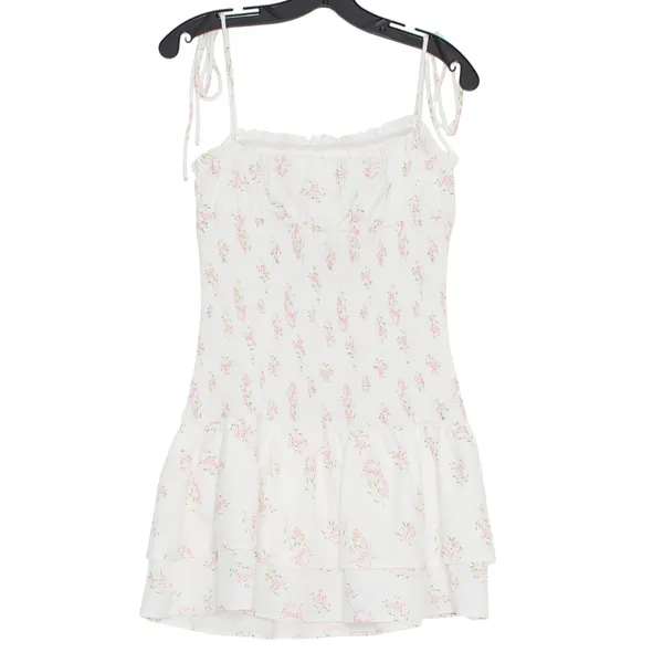 Tunic Top Floral Milkmaid Smocked Tiered Cottage Coquette Romantic White Large - Image 4