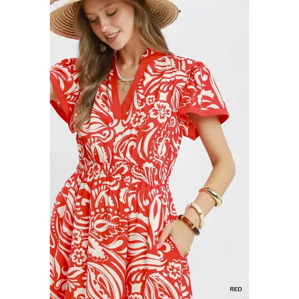 Umgee Paisley Print Midi Dress‎ with Side Pockets - Red - Small - Image 5