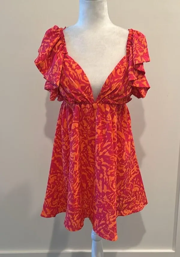 NWT Glam Orange and Pink Print Tie Back Dress Sz M - Image 3