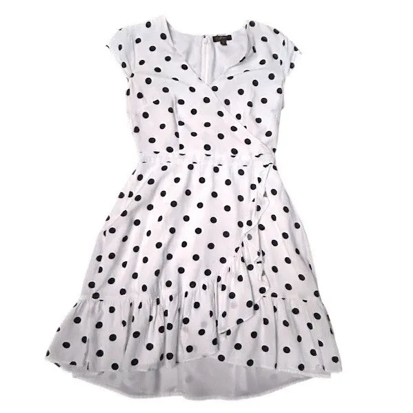 J.Crew Polka Dot Faux Wrap Mini Dress White Navy Blue Preppy Retro‎ Vibe Size 2 - Image 2