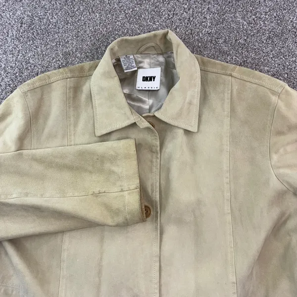 DKNY Classic Beige Suede Blazer Jacket Womens‎ Size Medium Button Front Pockets - Image 2