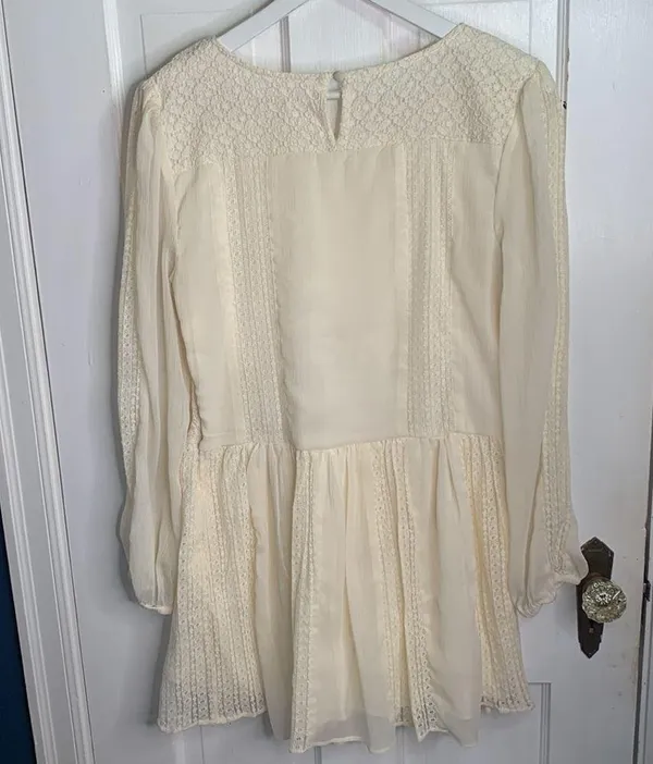 Free People Leigh Ivory Chiffon Lace Bohemian Dress Long Sleeve W-599 Sz S - Image 4