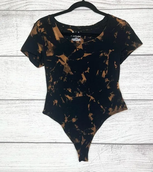 Hand Dyed Black Bleach Tie Dye Scoop Neck Short Sleeve Bodysuit Top Size Large - Image 5