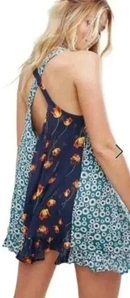Free People Back To Back Tank Slip Dress Patchwork Boho Floral Blue Combo Small - Image 2