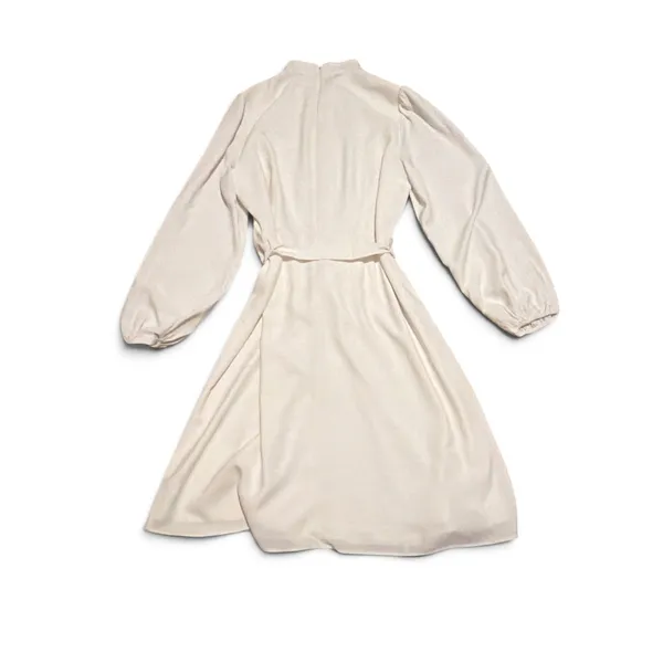 Ann Taylor Womens 12 Cream Crepe Mock Neck‎ Gold Button Belted Puff Sleeve Dress - Image 3