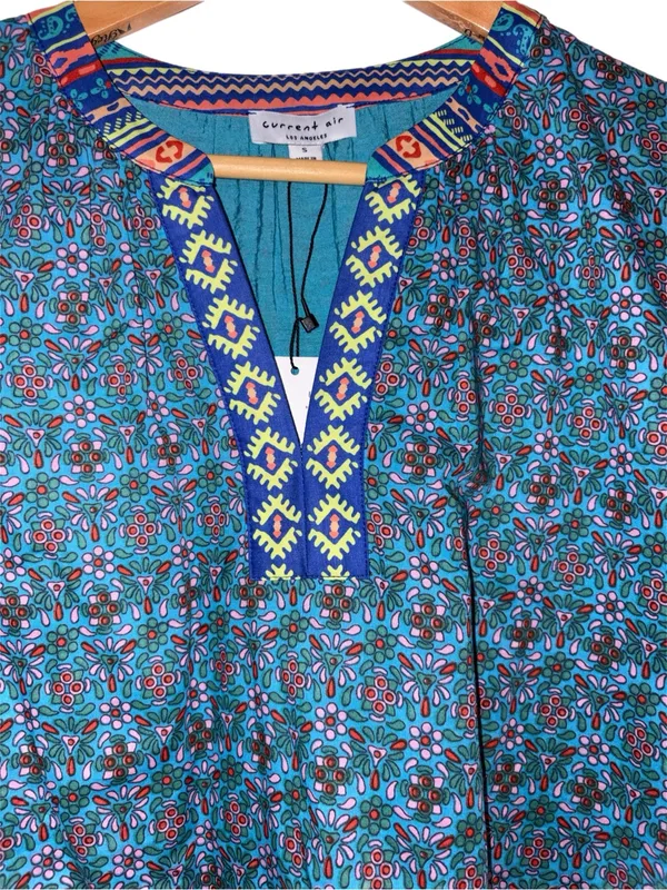 Anthropologie Current Air Floral TribalSplit Neck Blouse Puff Sleeves NWT Small - Image 5