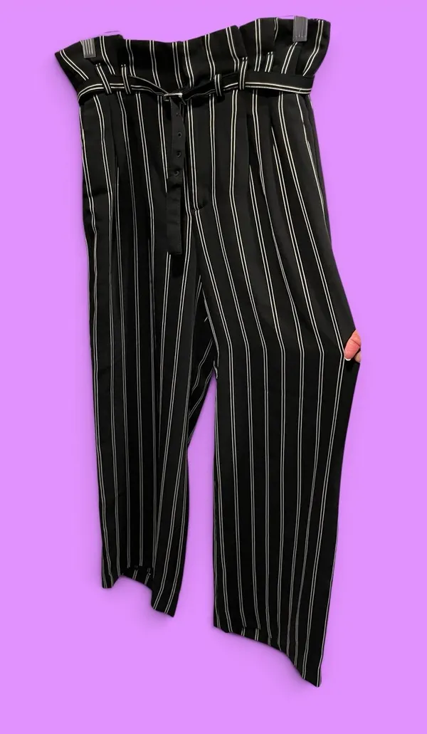 Cute classic flowy stripe paper bag waist belted pants wide leg Express office - Image 2