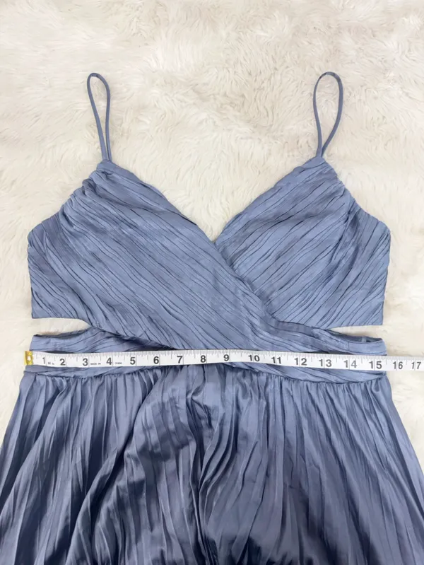 ASTR Capitola Pleated Blue Satin Midi Dress Large Wedding Guest Romantic Party - Image 15