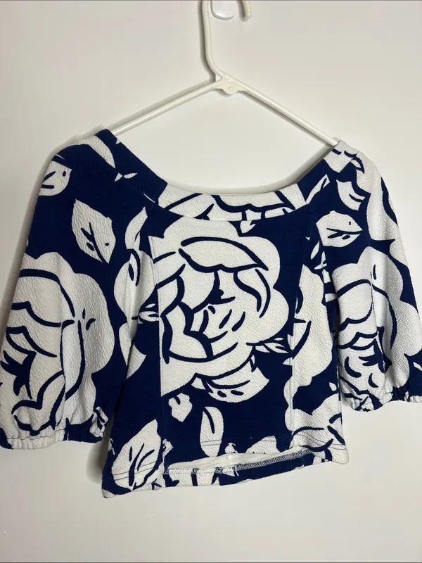 Anthropologie Mauve Amiens Floral White / Navy Puff Sleeve Top - Image 9