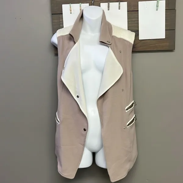 Wilfred Mauve Cream Sleeveless Classic Snap Up Zipper Accents Tunic Vest- XXS - Image 7