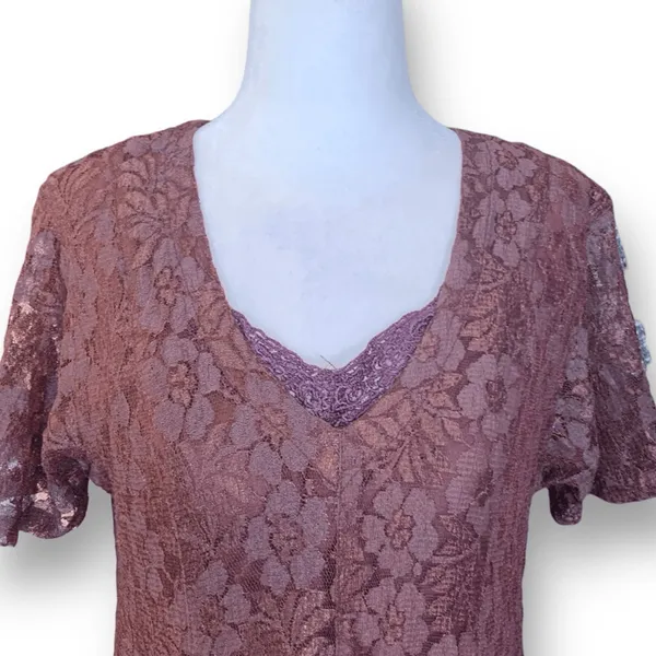Vintage‎ 90s Brown Floral Lace Chiffon Panel Midi Dress Small Romantic Sheer - Image 5