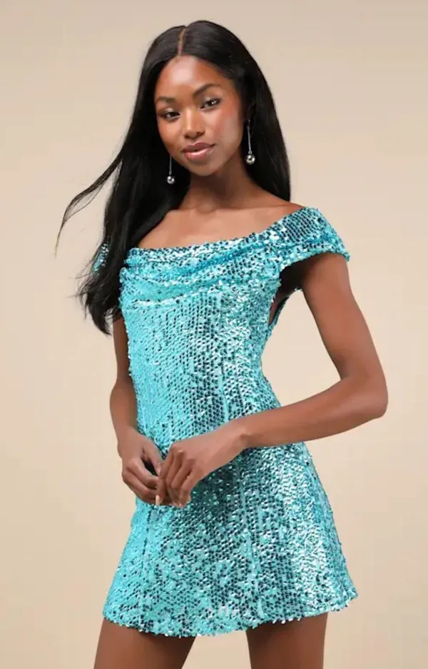 Glittering Nights Aqua Blue Sequin Off-the-Shoulder Mini Dress - Image 3