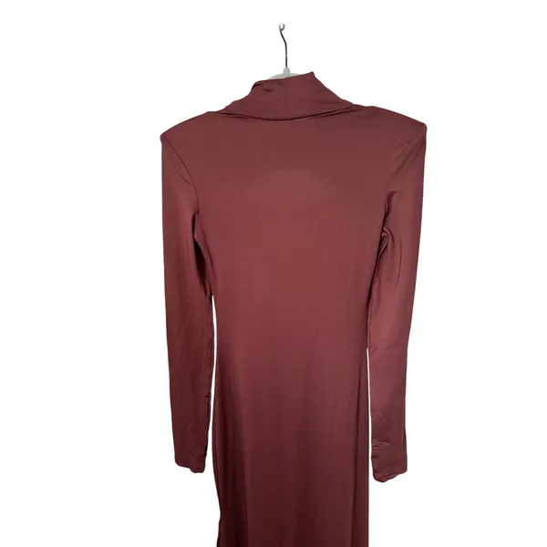 Womens Brown Cut Out Bodycon Maxi Dress Small Long Sleeve Mock Neck Shoulder Pad - Image 6