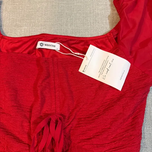 Red Puff Sleeve Mini Dress Size Large NWT Square Neck‎ Lace Up Ruched Boho - Image 3