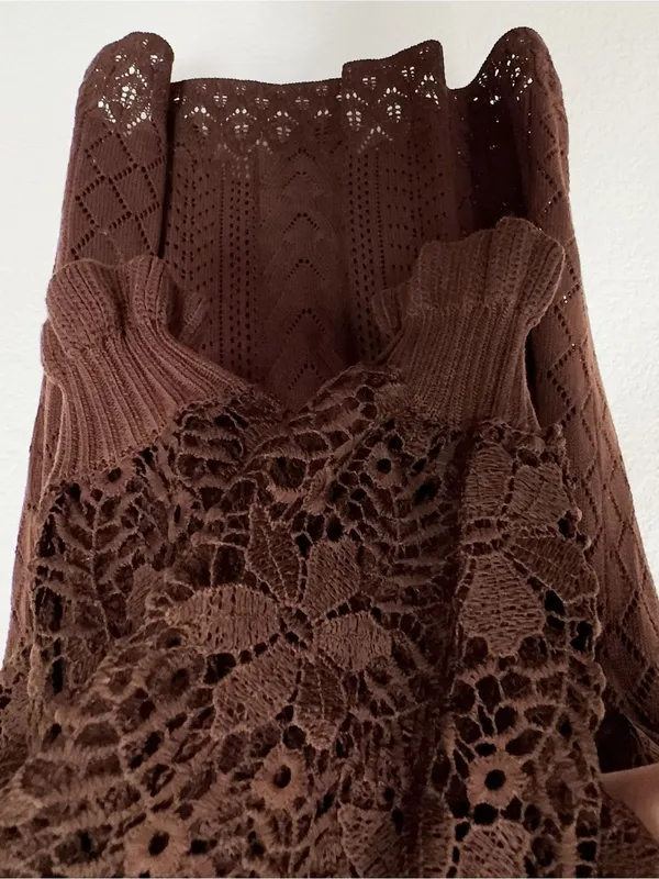 Miss Sparkling Brown Crochet Lace Open Knit Long Sleeve Boho Sweater Top XL - Image 4