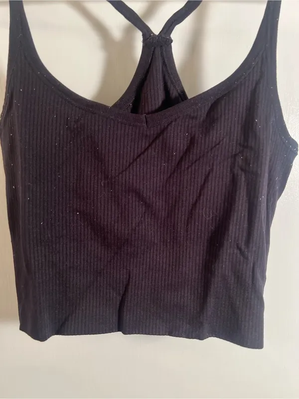 Women’s Athletic Tank Top Ribbed Black Cropped Racerback V-Neck Stretch - Image 3