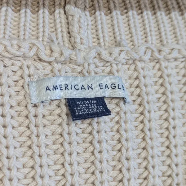 American Eagle AE Tipped Button-Up Cardigan Sweater Chunky Knit Cream Preppy Tan - Image 5