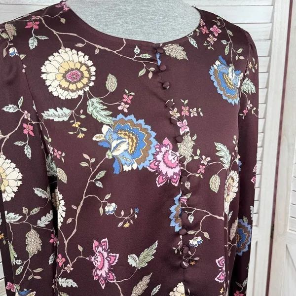 Vince Camuto Floral‎ Puff Sleeve Button Front Blouse Brown Pink Small Wildflower - Image 5
