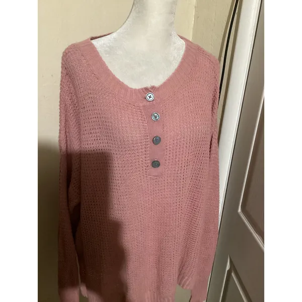 American Eagle Pink Waffle Knit Button Neck Pullover Sweater Size S - Image 2