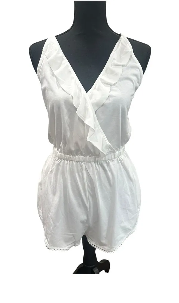 Topshop White Ruffle Trim Open Back Romper Size Small NWT  - Image 2